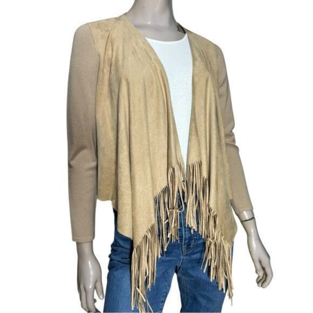 OST Women’s Size XS Tan Faux Suede Open Front Fringe Cardigan Top